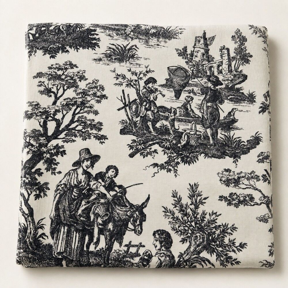 Waverly Country Life Weekend Black Cream Fabric French Toile 1.5 Yard Cotton